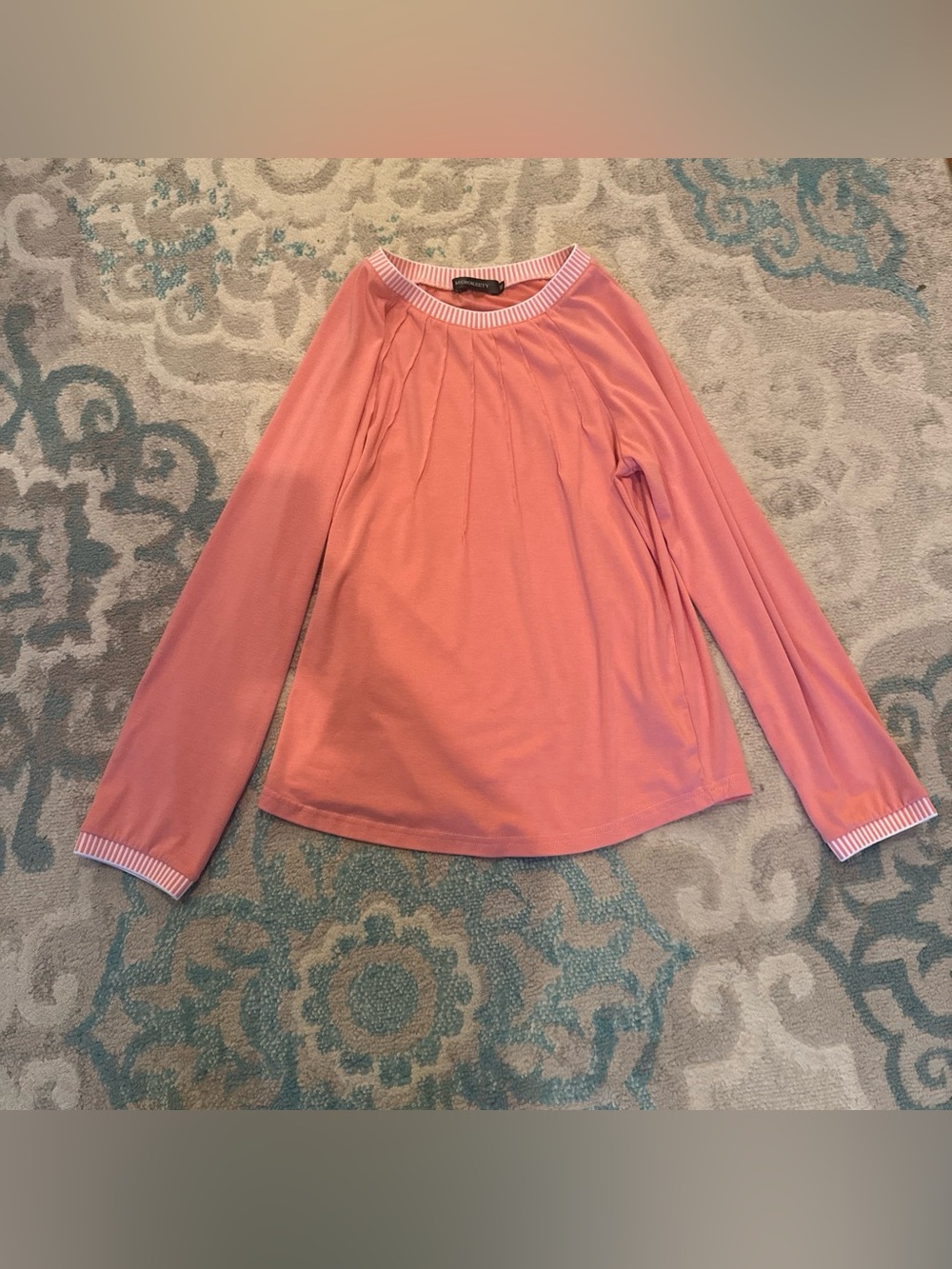 Pleated Crewneck Long-Sleeve Blouse in Coral Pink